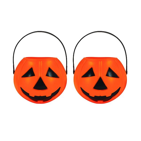 Kit com 2 Baldinhos de Abóbora Halloween 20cm – Ideal para Doces, Festas e Decoração
