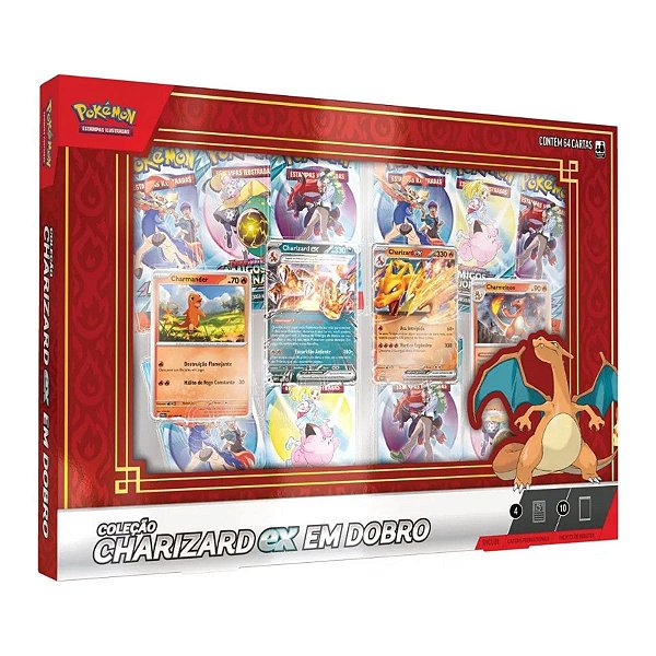 Coleção Pokémon Charizard EX em Dobro com Boosters e Cartas Holográficas – 64 Cartas