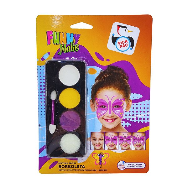 Kit Pintura Facial Borboleta Infantil Funny Make Pica Pau Lavável