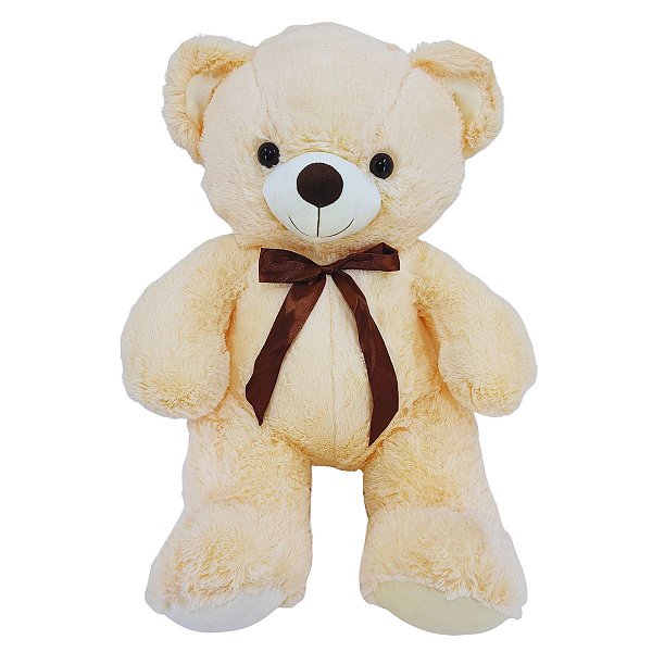 Urso de Pelúcia Grande Bege Claro 70cm com Laço Marrom Presente Especial