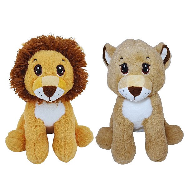 Kit 2 Pelúcias Safari Leão e Leoa 30cm Fofos Seguros Infantil