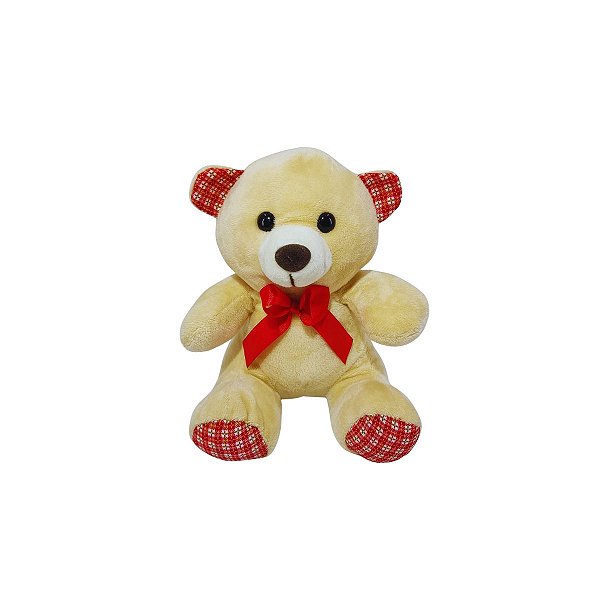 Ursinho de Pelúcia Creme com Laço Vermelho e Detalhes Xadrez Presente