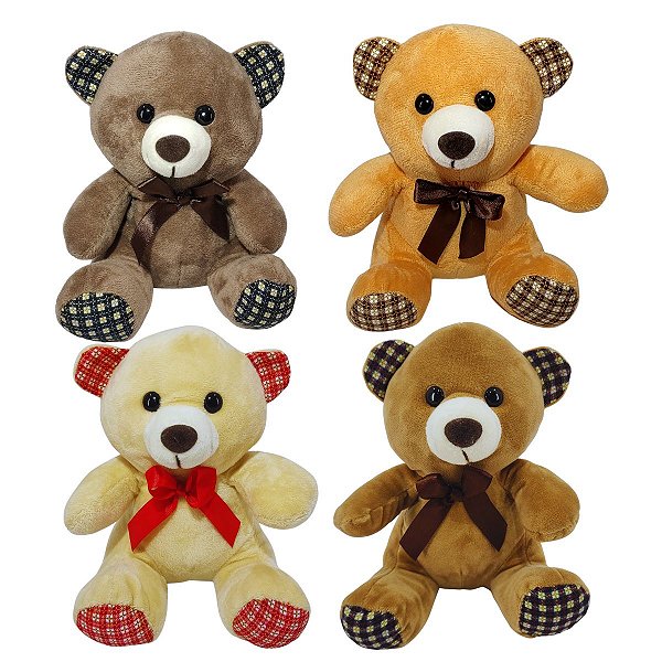 Kit 4 Ursinhos de Pelúcia Plush Xadrez Com Lacinho Fizzy Toys