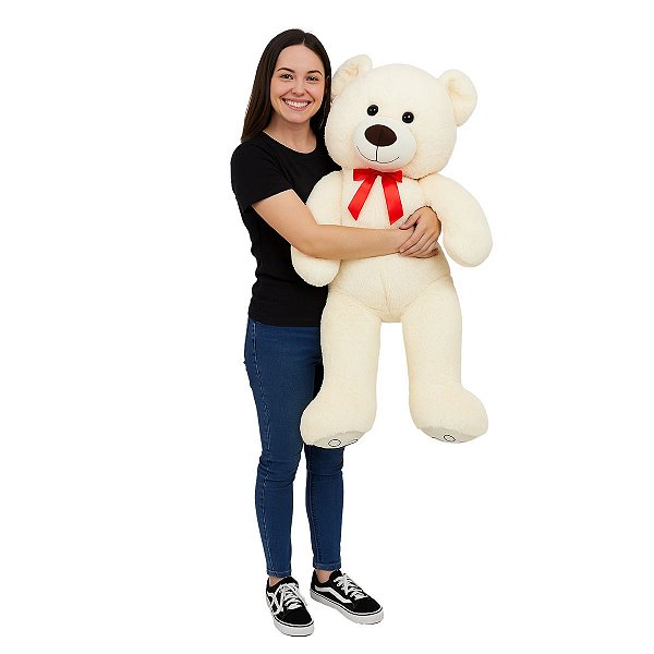 Urso de Pelúcia Grande Creme Fizzy Toys com Laço Vermelho
