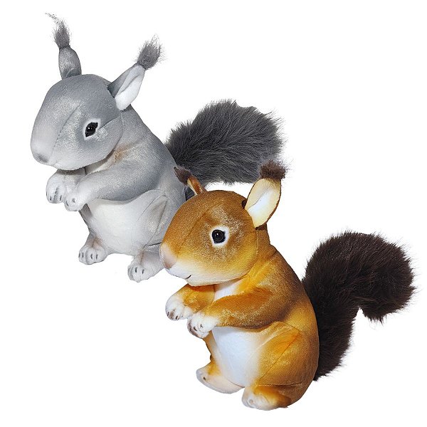 Kit 2 Esquilos de Pelúcia Fizzy Toys Marrom e Cinza com Cauda Fofa