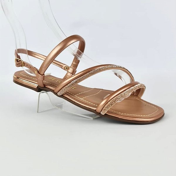 Sandalia rasteira cobre envelhecido metalizada strass rose Via Scarpa