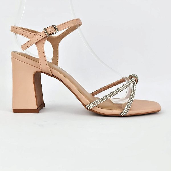 Sandalia nude strass salto bloco alto Latilier