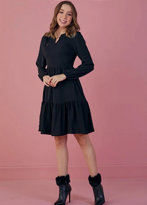 Vestido Manga Longa Crepe Preto Tatá Martello