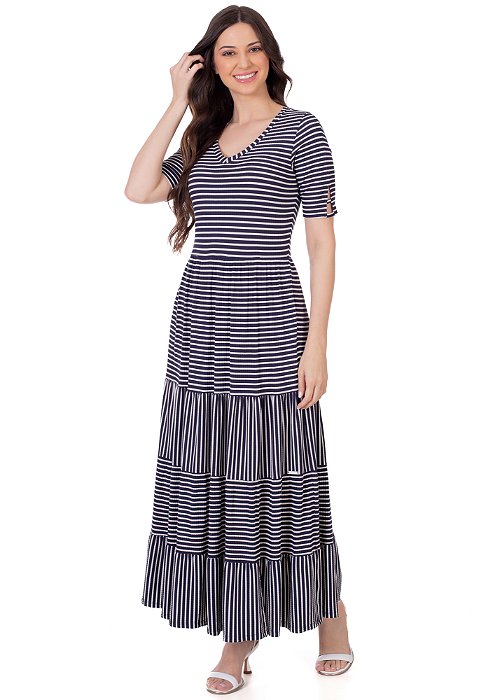 Vestido Júlia Longo Listrado Azul Hapuk
