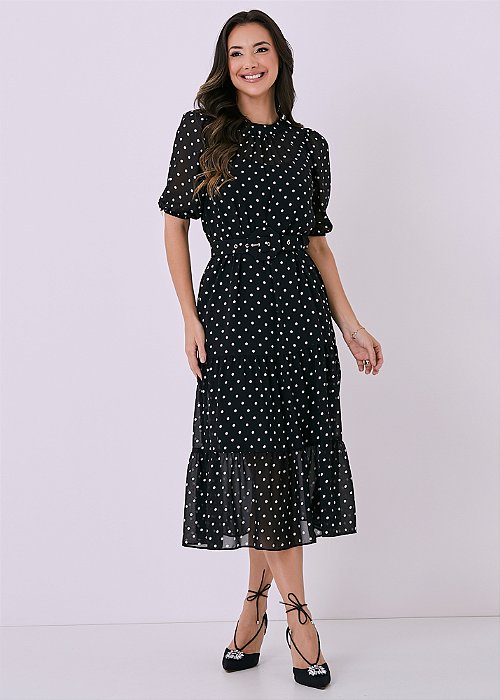 Vestido Carina Poá Preto com Cinto Tatá Martello