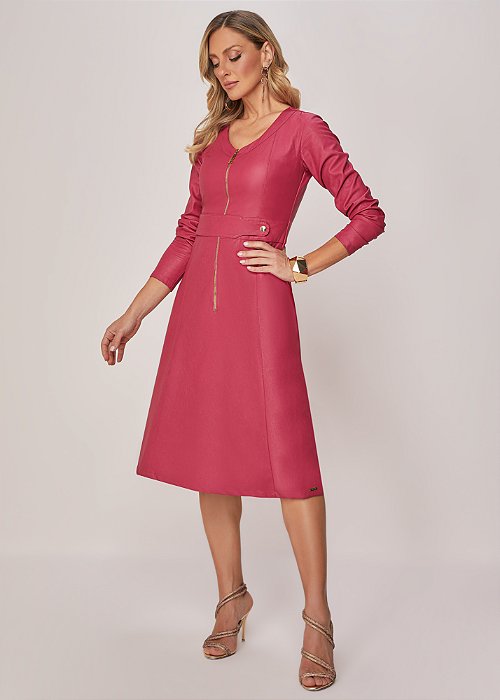 Vestido Couro Ecológico Midi Framboesa Titanium