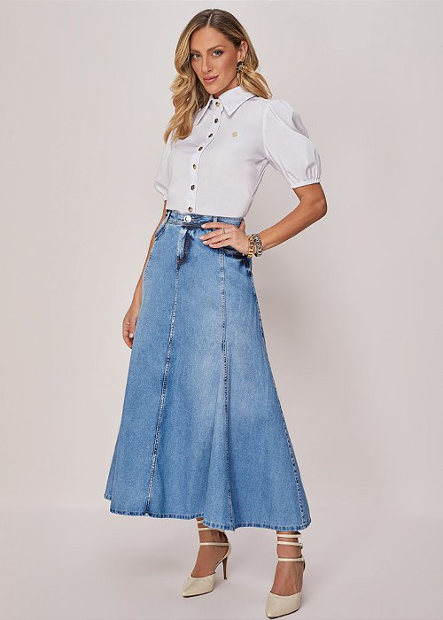 Saia Jeans Evasê com Recortes Azul Titanium