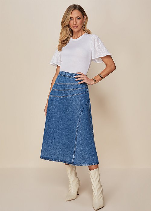 Saia Jeans Midi Evasê Azul Titanium