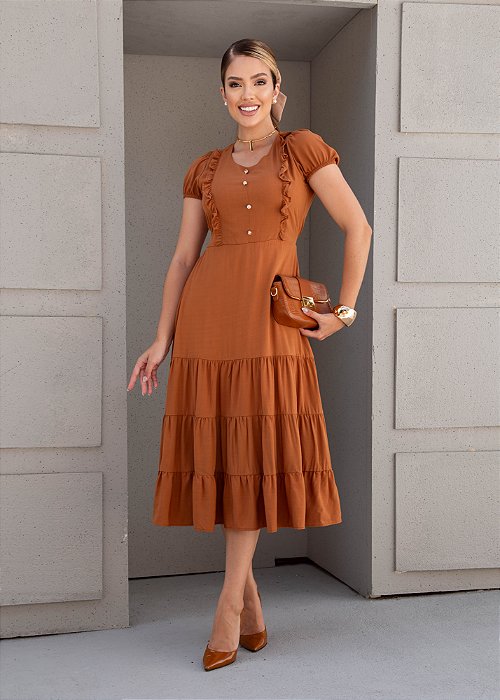 Vestido Marina Evasê Caramelo Fagian