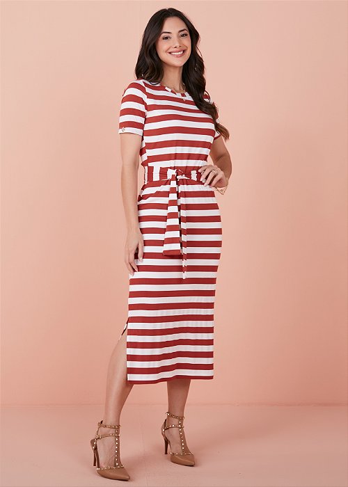 Vestido Adriana Malha Listrado Marrom Tatá Martello