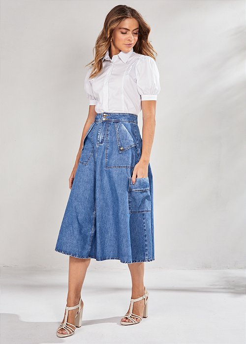 Saia Jeans Godê Midi Detalhes Bolsos Azul Titanium