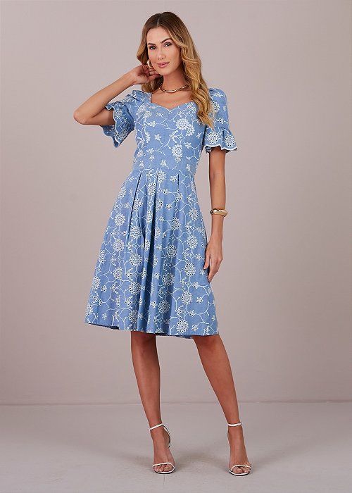 Vestido Izabel Jeans Bordado Azul Claro Tatá Martello