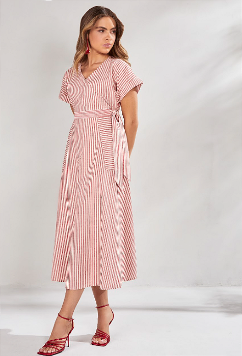 Vestido Midi Listrado Vermelho Titanium