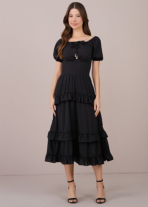 Vestido Keyla Midi com Babados Preto Tatá Martello
