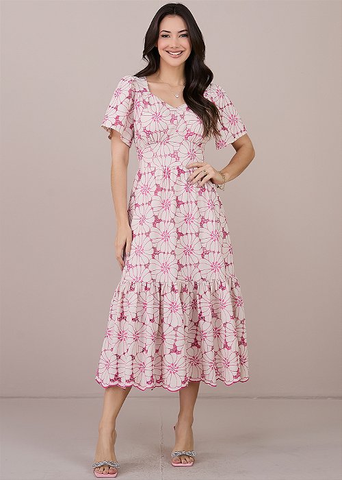 Vestido Beatriz Evasê Bordado Pink Tatá Martello