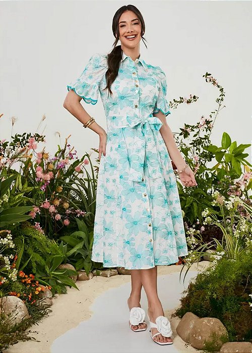 Vestido Eduarda Midi Bordado Verde Água Tatá Martello