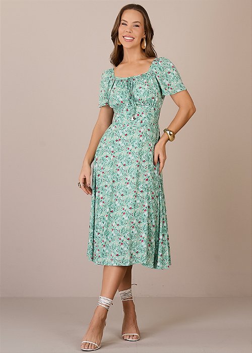 Vestido Paloma Evasê Estampado Verde Tatá Martello