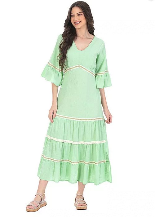 Vestido Isadora com Babados Midi Verde Hapuk