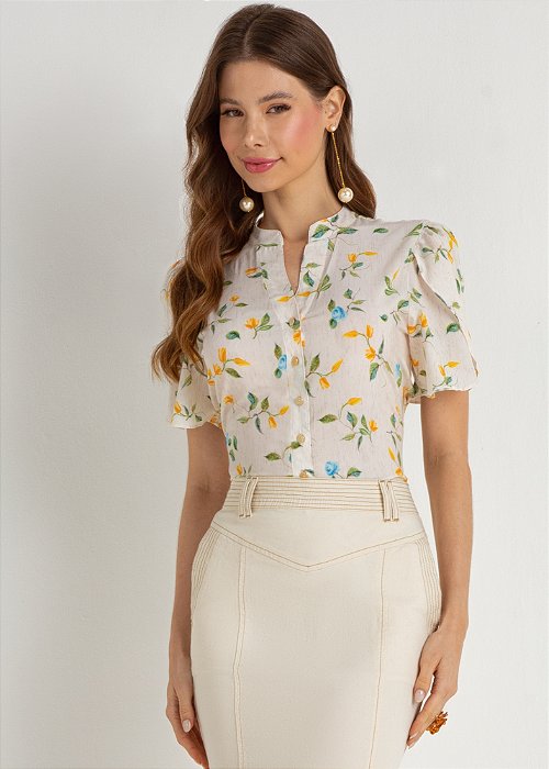 Blusa Crepe Estampada Bege Laura Rosa