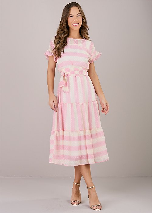 Vestido Luiza Midi Listrado Rosa Tatá Martello