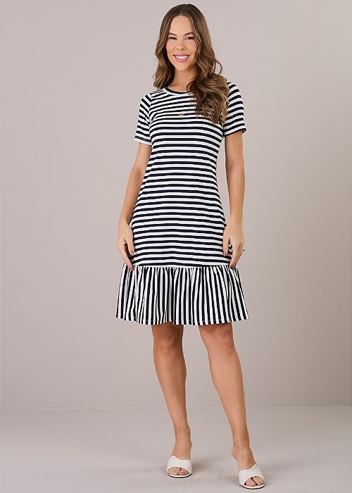 Vestido Isa Malha Listrado Azul Marinho Tatá Martello