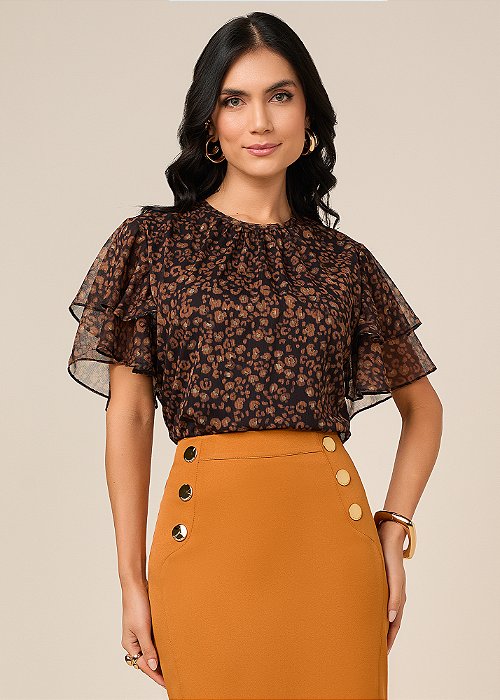 Blusa Manga Curta Chiffon Estampada Titanium