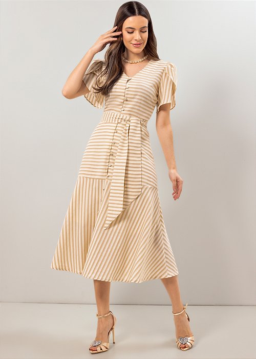 Vestido Listrado Midi Evasê Laura Rosa