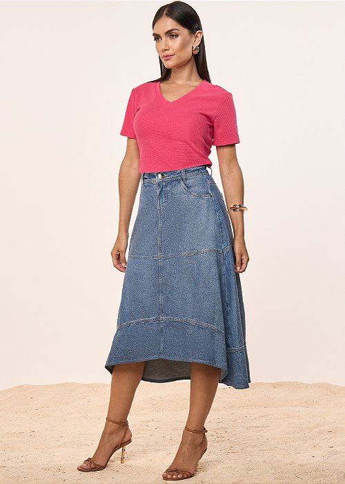 Saia Godê Jeans com Recortes Titanium