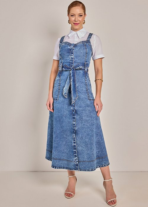Salopete Jeans Midi Evasê Laura Rosa