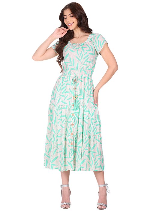 Vestido Jamile Midi Estampado Verde Água Hapuk