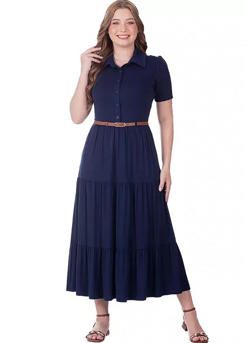 Vestido Paloma Midi Evasê Azul Hapuk