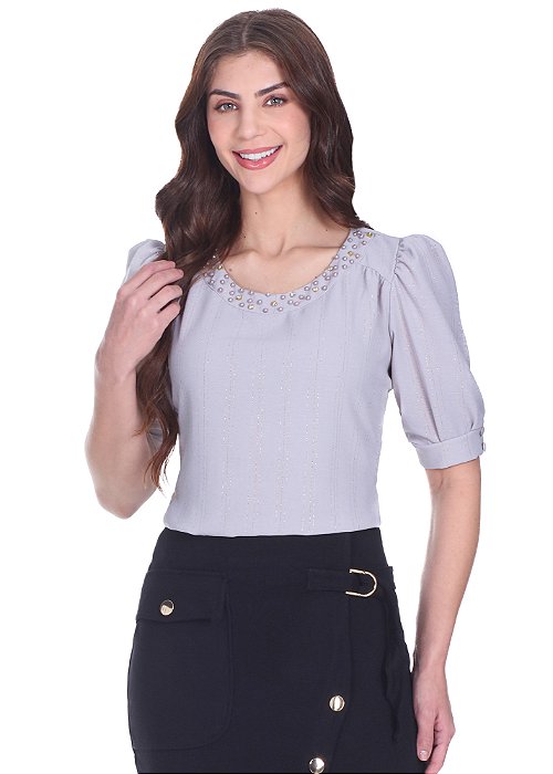 Blusa Diná com Bordado Cinza Hapuk