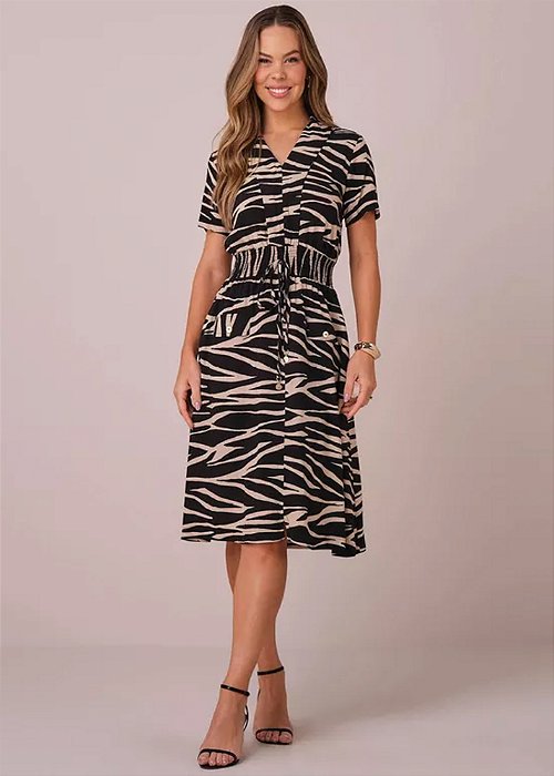Vestido Aline Evasê Estampado Preto Tatá Martello
