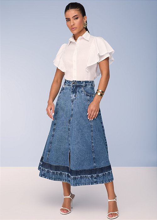 Saia Jeans Godê com Recortes Azul Titanium