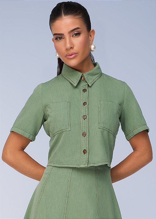 Camisa Cropped de Sarja Leve Verde Titanium