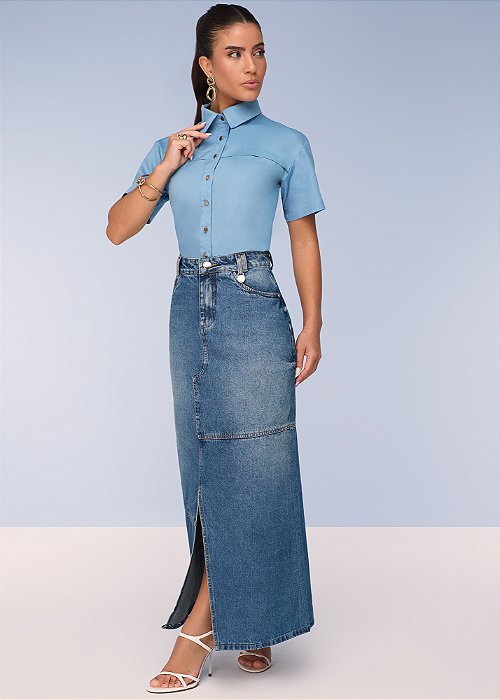 Saia Longa Jeans Semi Evasê Titanium