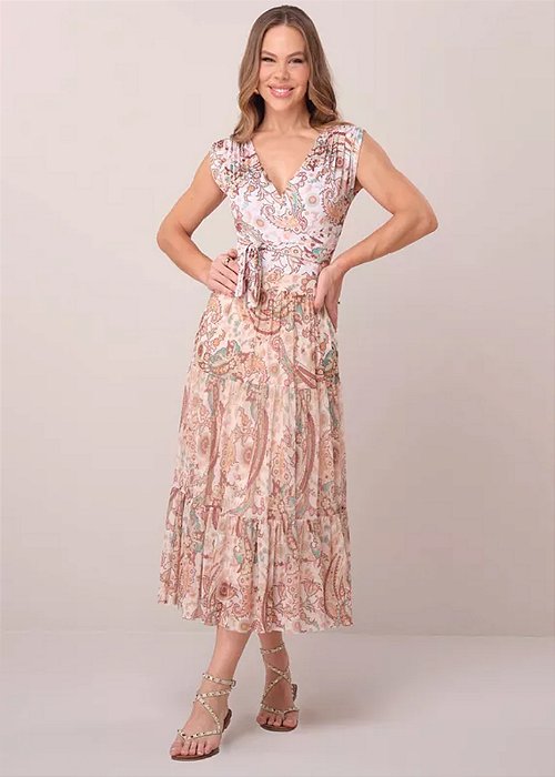 Saia Yasmin Midi Estampada Bege Tatá Martello