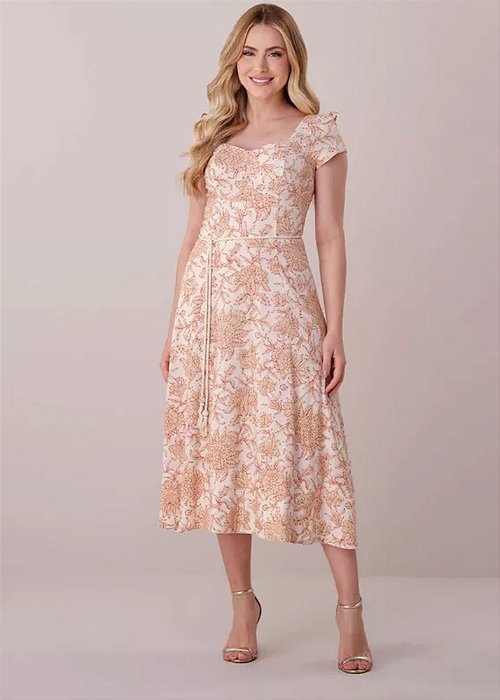 Vestido Juliana Midi Evasê Estampado Bege Tatá Martello