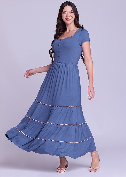 Vestido Gabriela Malha Longo Azul Hapuk