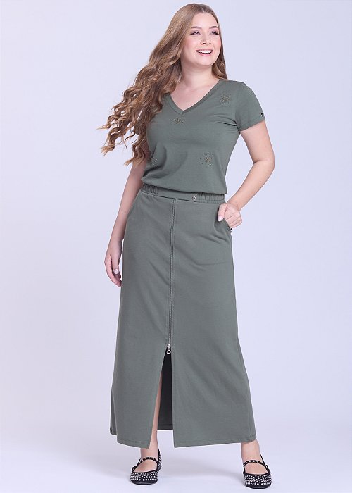 Saia Cloé Zíper Frontal Verde Militar Hapuk