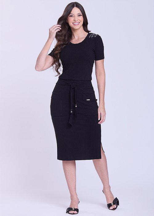 Saia Fernanda Malha Canelada Preta Hapuk