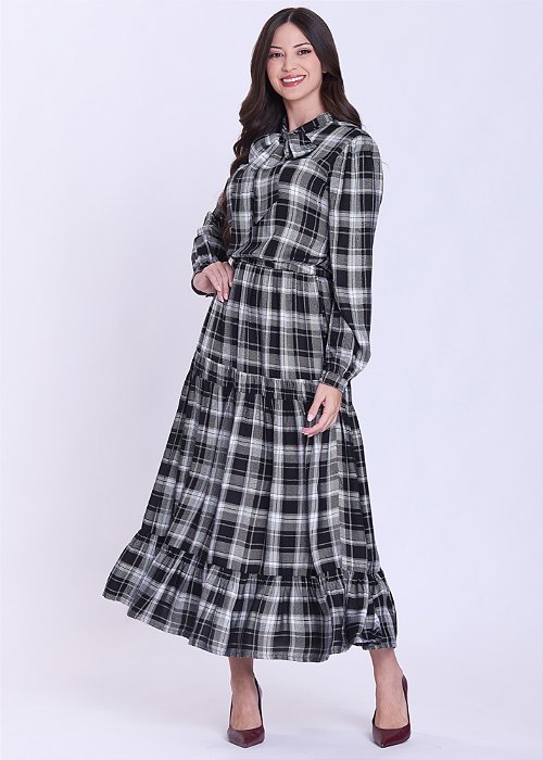 Vestido Celeste Xadrez Manga Longa Preto Hapuk