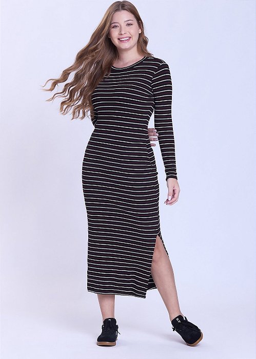 Vestido Lara Listrado Preto Hapuk