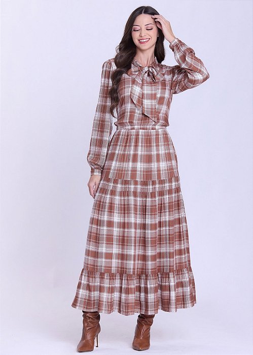 Vestido Celeste Xadrez Manga Longa Caramelo Hapuk