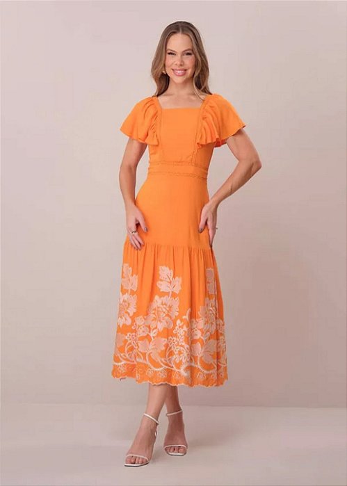 Vestido Renata Midi Evasê Laranja Tatá Martello